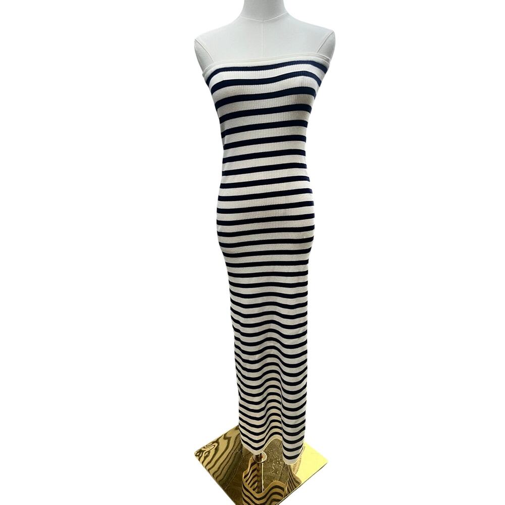 Knit Back Slitted Maxi Dress Navy White Sz M - Picture 4 of 10